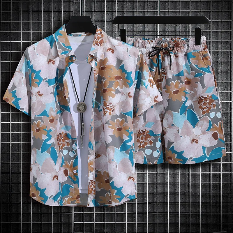 Summer Short Sleeved Shirt Casual Button Up Collar Top Loose Hawaiian Flower Shirt Men's Printed Short Sleeved Shorts