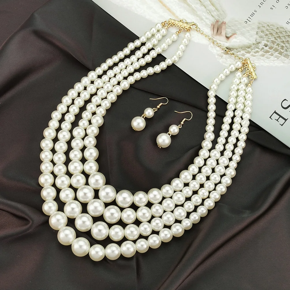 Layered Imitation Pearl Necklaces Sets For Women Handmade Beaded Chain Necklace Earrings Fashion Jewelry Set Charm Accesories