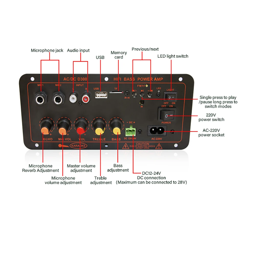 D100 D300 Audio Amplifier Board 600W Support Dual Microphone Bluetooth Amplificatore Subwoof for 4Ohm Speaker 12V 24V 110V 220V