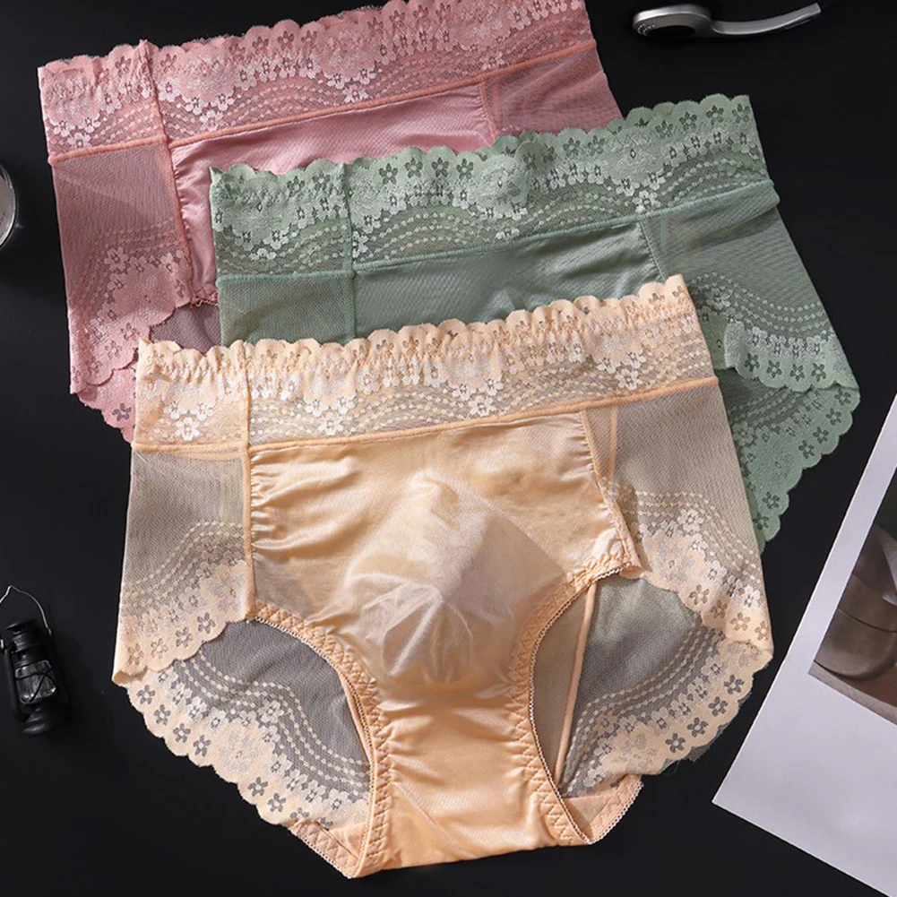 Men Lace Thin Seamless Ice Silk Briefs Underwear 3D Bulge Pouch Low Waist Pantie Middle Waist Underwear Embroidery Breifs