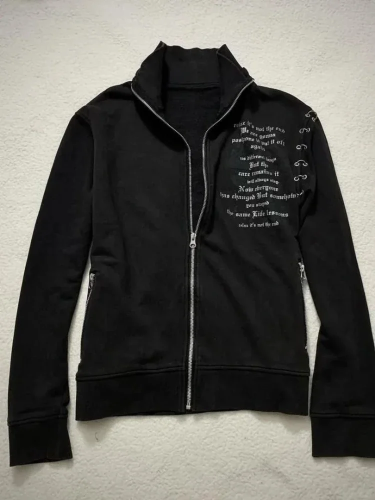 

Harajuku черные толстовки с буквенным принтом для мужчин и женщин, повседневная свободная толстовка с капюшоном и воротником-стойкой Y2k, эстетичная толстовка с карманами в стиле гранж