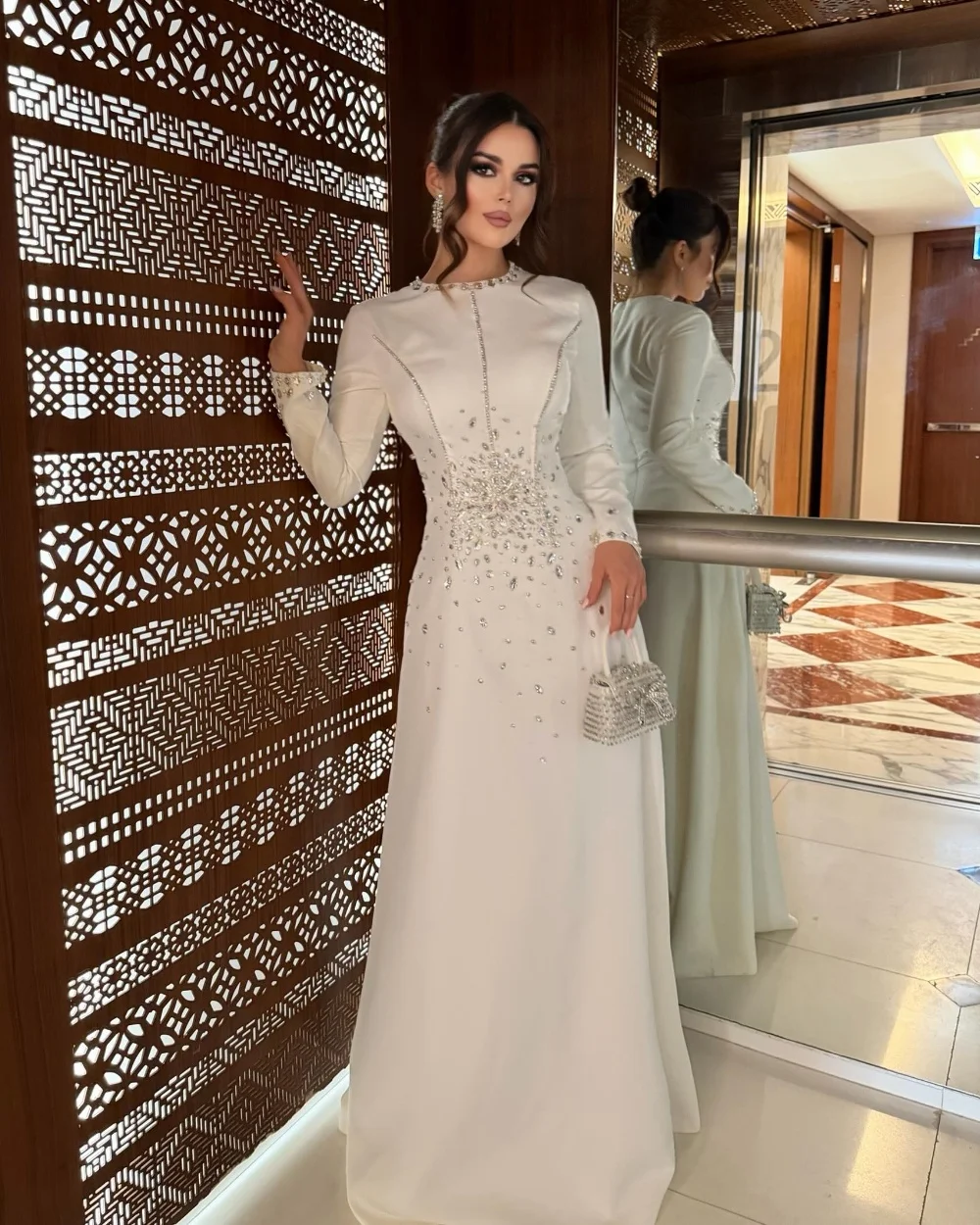 Customized Beige Intricate Sparkle Jersey Rhinestone Beading A-line Scoop Neck Floor-Length Evening Dresses For Birthday Party