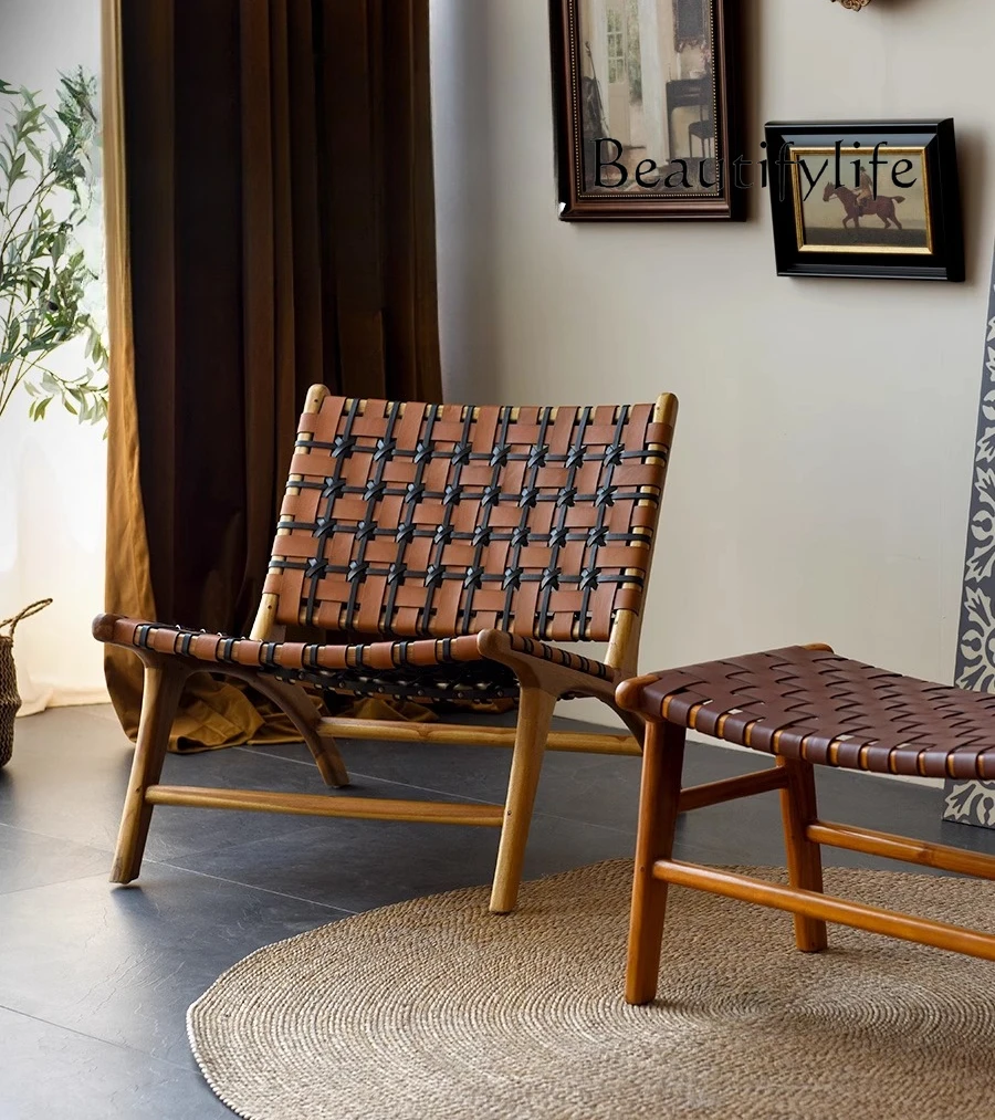 

Vintage sofa chair cowhide casual balcony designer teak recliner Nordic solid wood chair