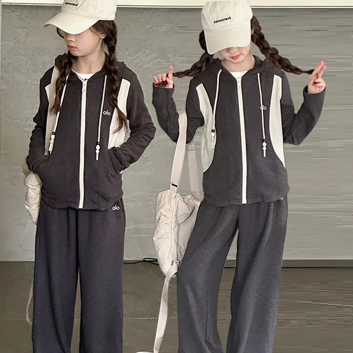 

2025 Autumn Kids Girls 2pcs Sets Letter Embroidery Long Sleeves Children Girls Sets Patchwork Hooded Coat+Elastic Waist Pant