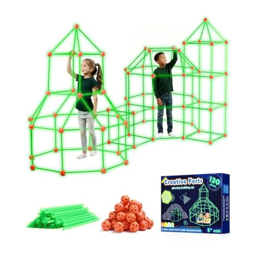 

Набор для сборки Tiny Land Glow Fort для креативных строительных игрушек для дома и улицы с 86, стержнями и 44 шариками для детей 5–12 лет