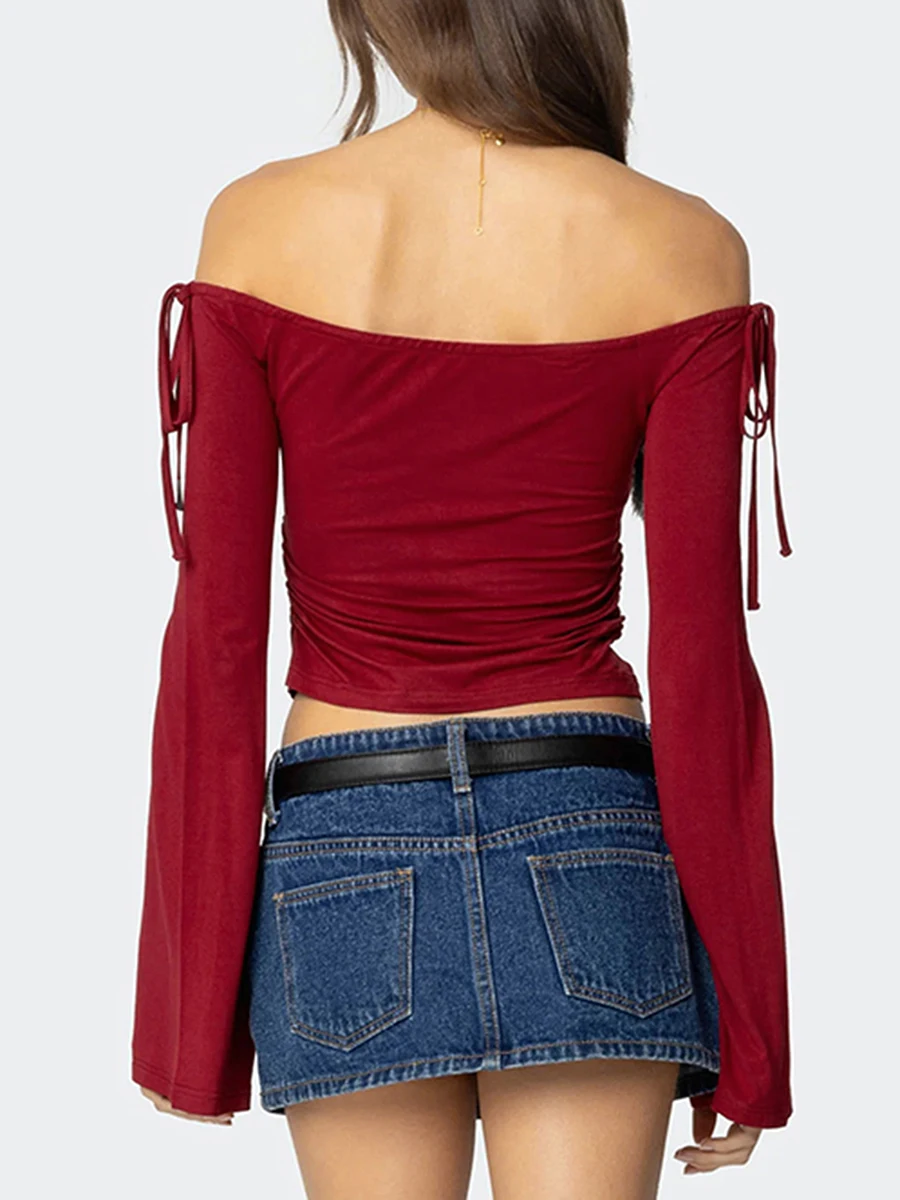 Camisetas de color sólido de moda con hombros descubiertos y manga larga con lazo de primavera para mujer