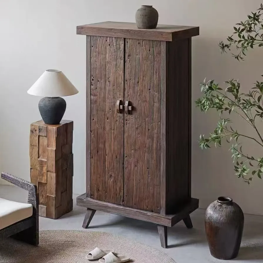 multi-layer coat rack locker Retro old elm wardrobe double door floor-to-ceiling clothes locker small solid wood