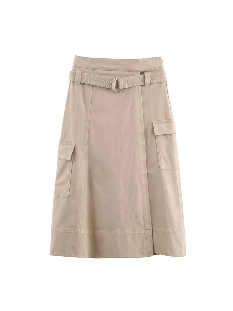 2025 Women Autumn MIDI Skirts Vintage Solid Sashes  Pockets Female Elegant Street Skirt Clothing