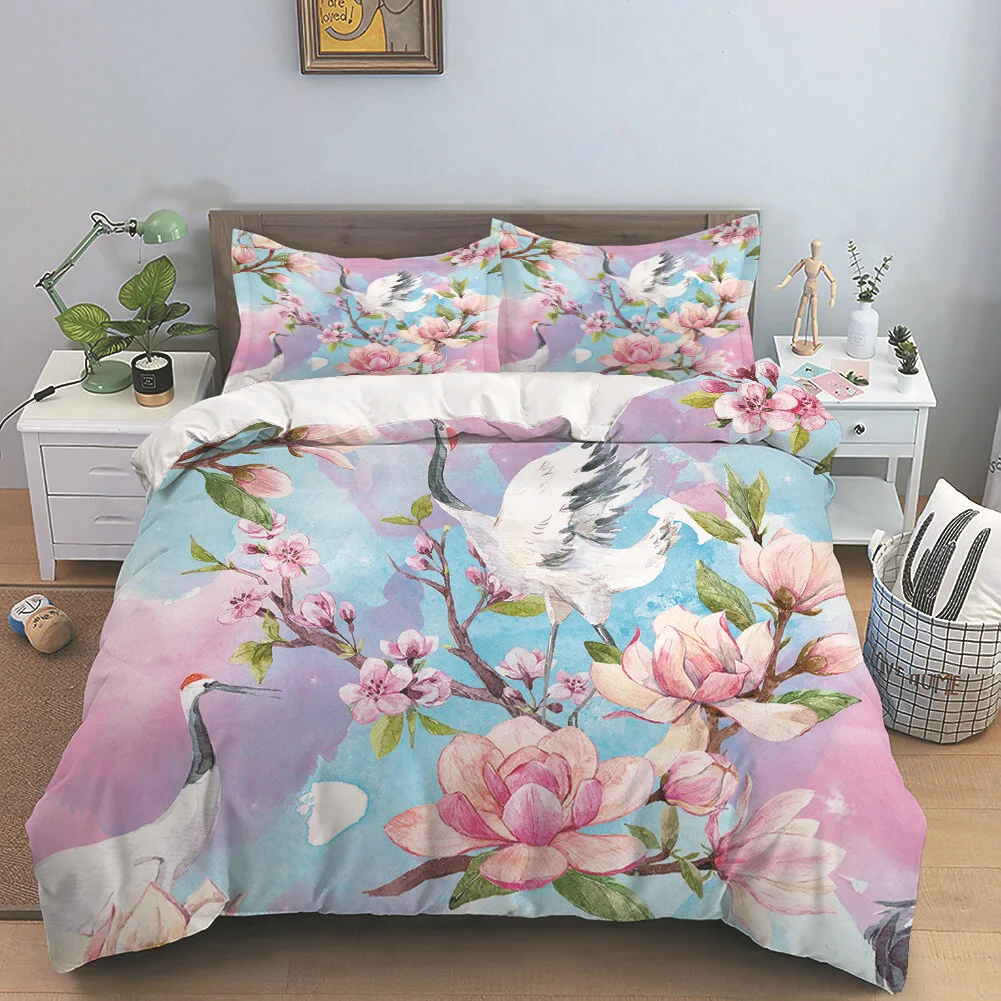 

Red-Crowned Crane Bedding Sets Hand Painting Duvet Cover Chinese Style Flower Single Double Size Bed Linen With Pillowcase Women