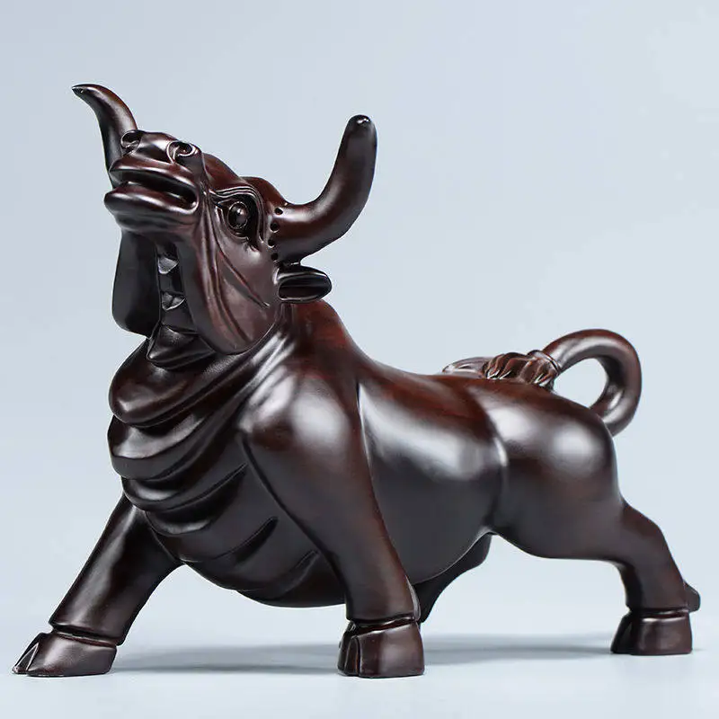 Carved Wall Street Bull Statue Ebony Huanghuali Rosewood Zodiac Fengshui Great Success Lucky Wealth Home Office Decor Gift