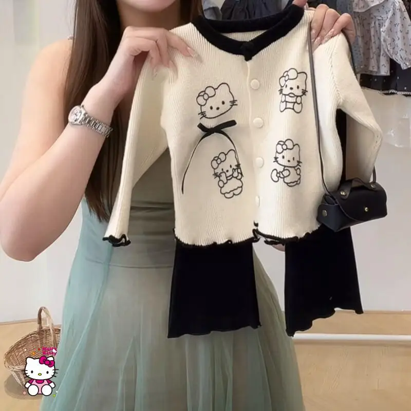 

Hello Kitty Loungewear Set Girl Kawaii Casual Autumn and Winter Cartoon Student Knitted Jacket Comfortable Warm Christmas Gift