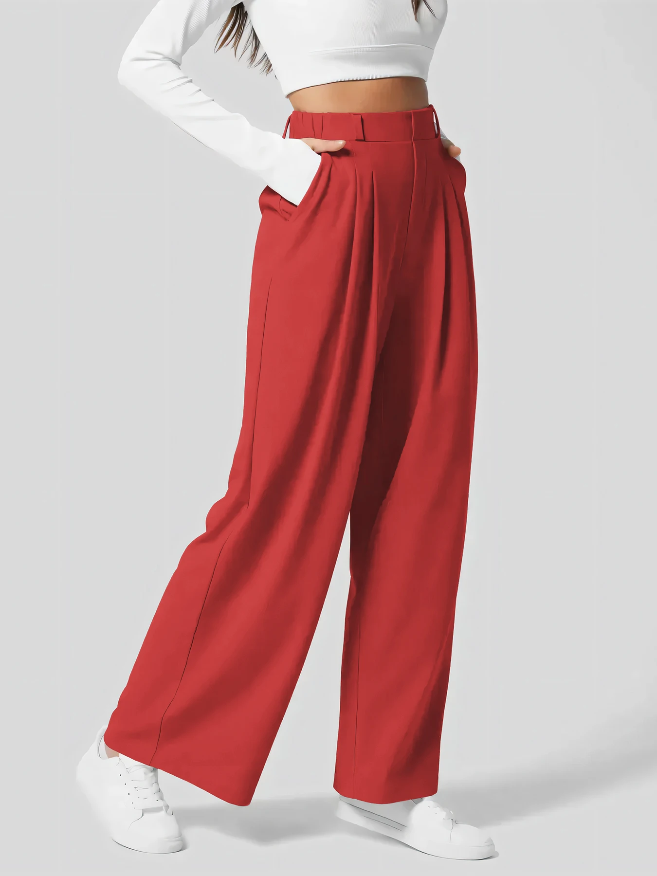 Damenhose, karierte, figurbetonte Hose mit weitem Bein und Taschen, hochtaillierte, lässige, figurbetonte Hose mit weitem Bein für Damen. – Detail 17
