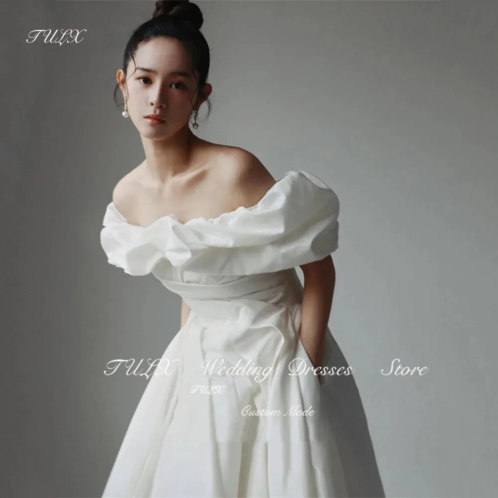 TULX Korea Off Shoulder A Line Wedding Dress Photography Short Sleeve Taffeta Floor Length A Line Bridal Gown Custom Made