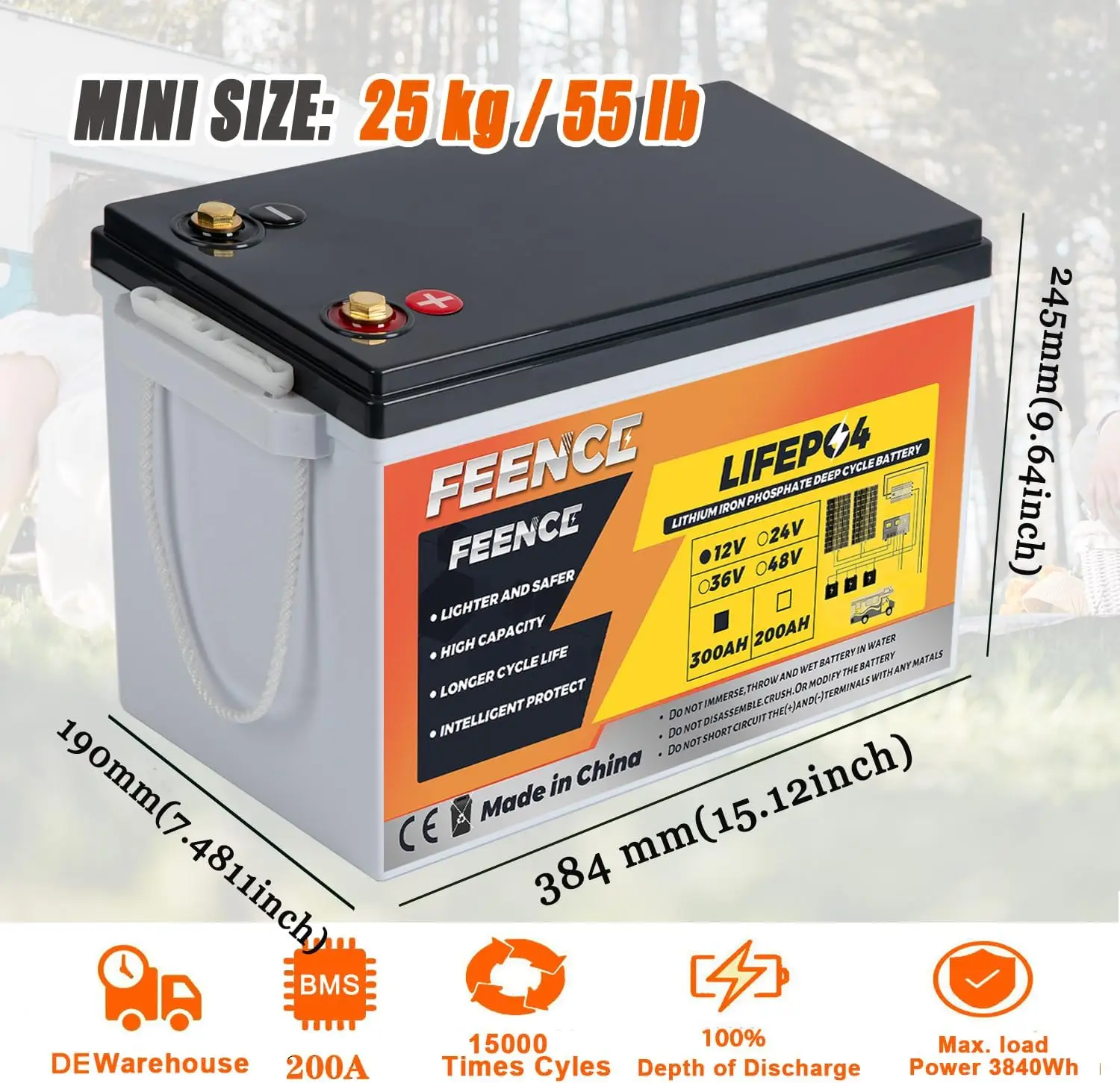 12V 300Ah Bluetooth LiFePO4 Battery ,200A BMS 12V Lithium Battery 3840Wh Power Low Temp Cutt-off for RV Solar Trolling Motor