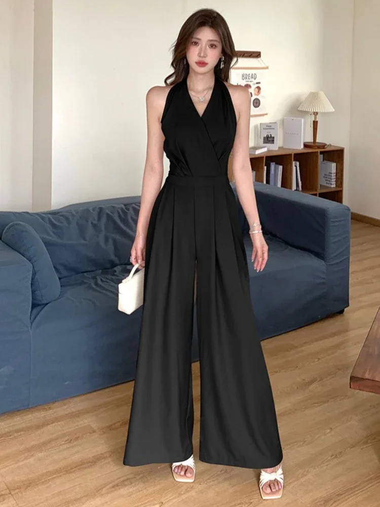

New Spring Summer Women Clothes Elegant Sexy Halter Backless Folds Slim Wide Leg Loose Rompers Casual One Piece Long Jumpsuits