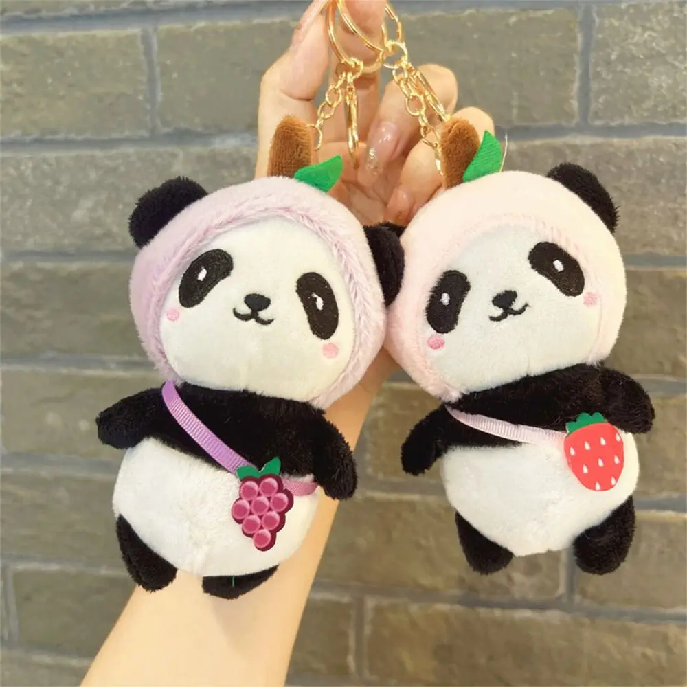 Fluffy Fruit Panda Doll Keychains Car Pendant Stuffed Animal Pompom Plush Keychains Kawaii Plush Toy Panda Keyrings Handbag