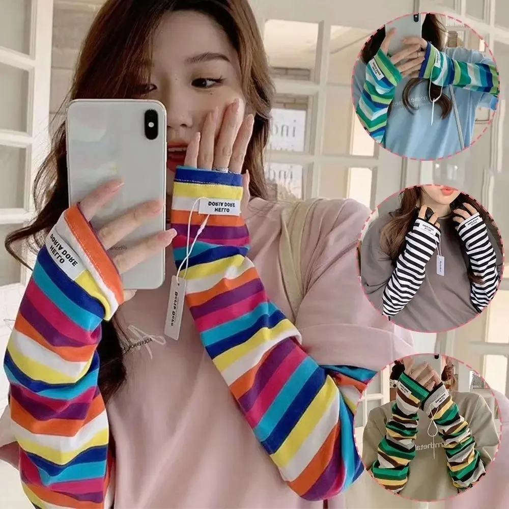 Y2k Color Strip Ice Arm Sleeve Loose Long UV Protection Arm Gloves Anti-sunburn Harajuku Stripe Ice Silk Sleeves Outdoor Sports
