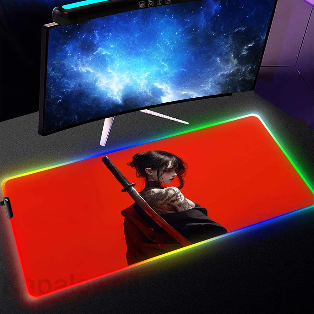 

Anime Samurai Girl Gaming Mouse Pad RGB Mousepad Computer Gamer LED Mouse Mat Locking Edge Rubber Carpet Backlit Keyboard Pads