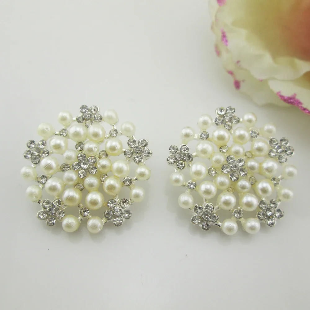 (BT217 26mm)5pcs flower pearl rhinestone embellishments Clear Glass Rhinestone Buttons