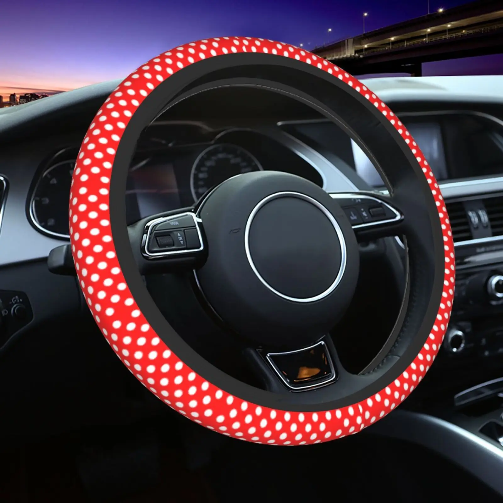 Red and White Spots Print Universal Steering Wheel Cover for SUV Soft Car Steering Wheel Protector 15 Inch Auto Accessories