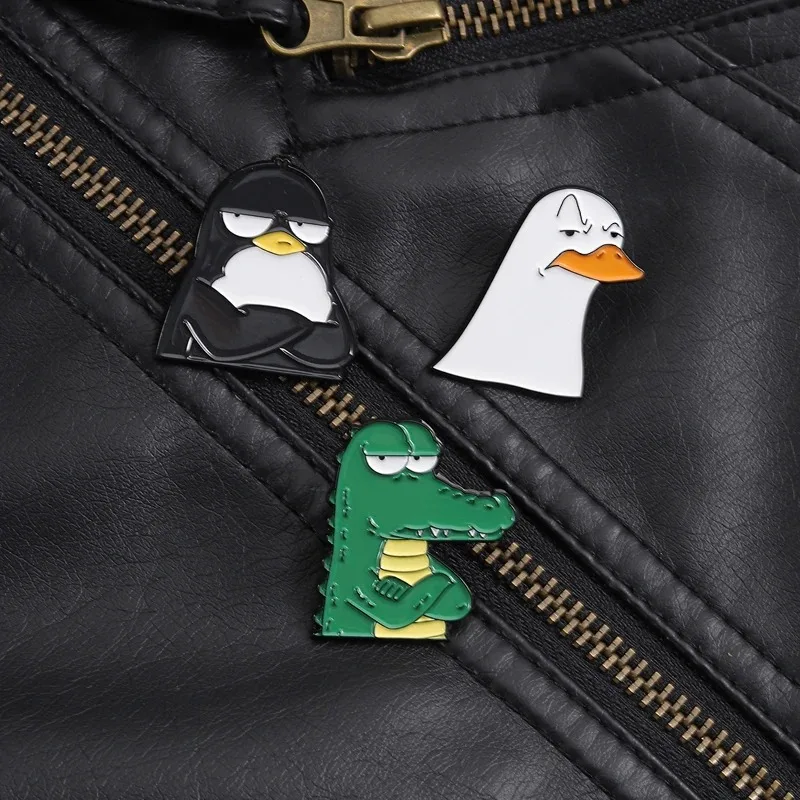 Cute Grumpy Animal Trio Pin Goose Crocodile Penguin Brooch Funny Accessory for Daily Wear Personality Expression Style