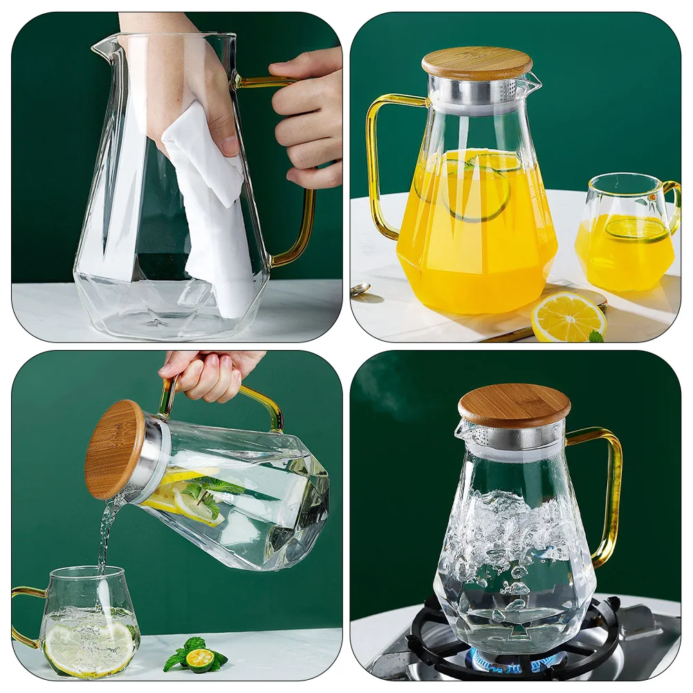 

1pc Glass Cold Water Pitcher Large Capacity Juice Jug With Handle Lid Anti Drip Spout Wide Mouth Easy Clean For Party Home Use