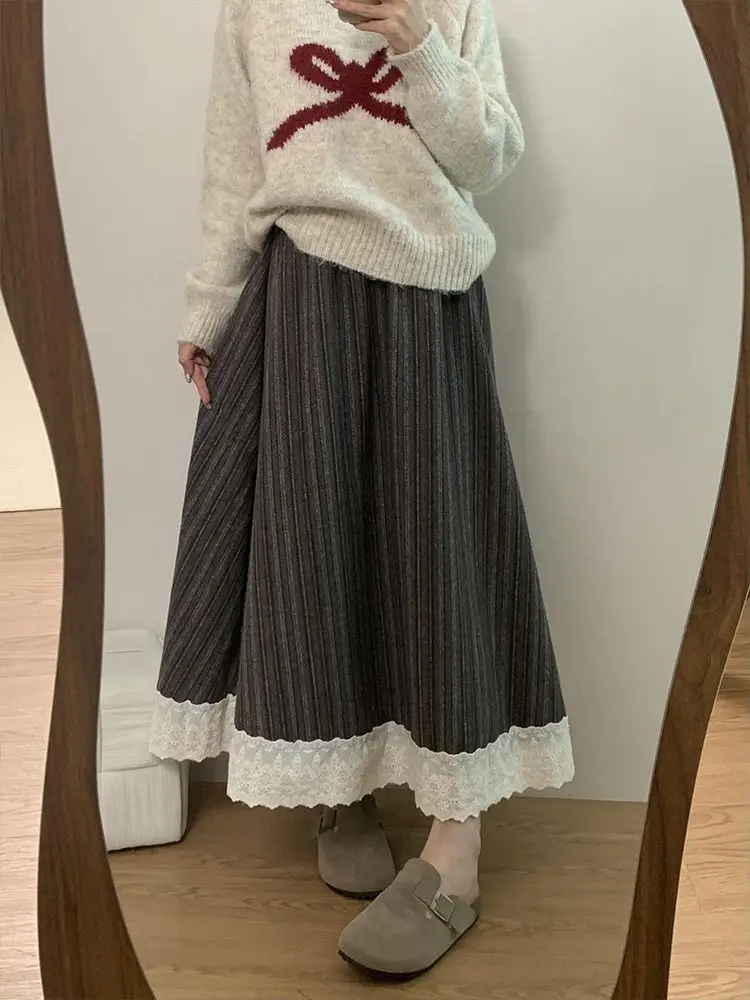 

Японская Y2K Harajuku, кружевная полуюбка в стиле ретро для девочек, осень/зима, полосатая утягивающая юбка трапециевидной формы с высокой талией, средней длины