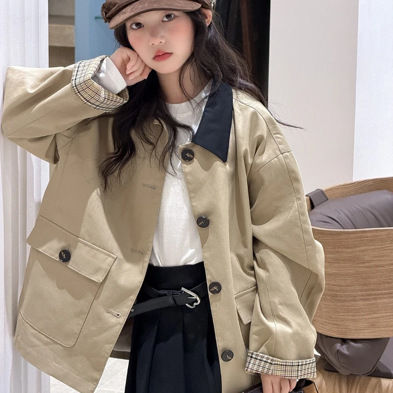 2026 Autumn/Winter New Children's Retro Khaki Medium Length Chaotic Clash Collar Windbreaker