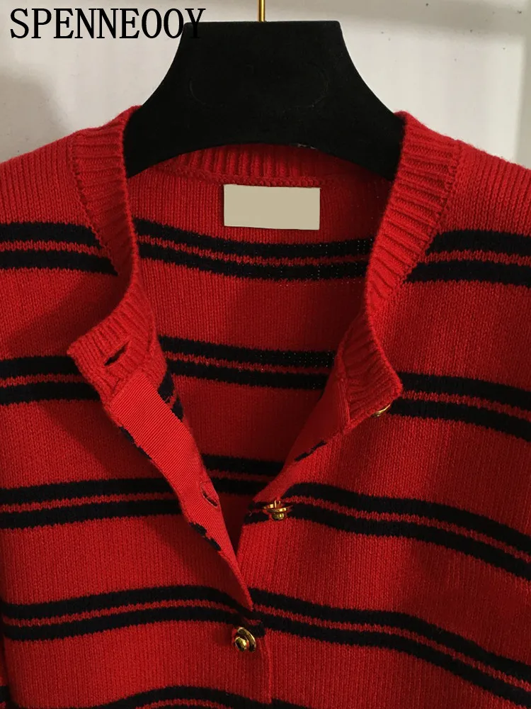 SPENNEOOY Fashion Runway Autumn Winter Red Vintage Striped Knitting Cardigan Women\'s O-Neck Loose Long Sleeve Casual Sweaters