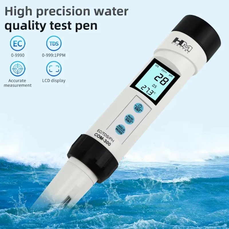 COM-300 Water Quality Digital Measurement Tools 4 in 1 TDS EC Temp PH Meter for Waterproof Testing Device
