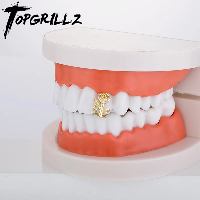 TOPGRILLZ Fashion Single Rose Flower Teeth Grill Hip Hop 14K Gold Plated Tooth Caps Decor Dental Grills For Women Braces Jewelry