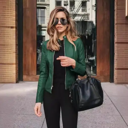 

Faionable Autumn Winter PU Suit Jaet ort Outerwear Ele Stand Collar Loose Fit Regular Length for Ladies