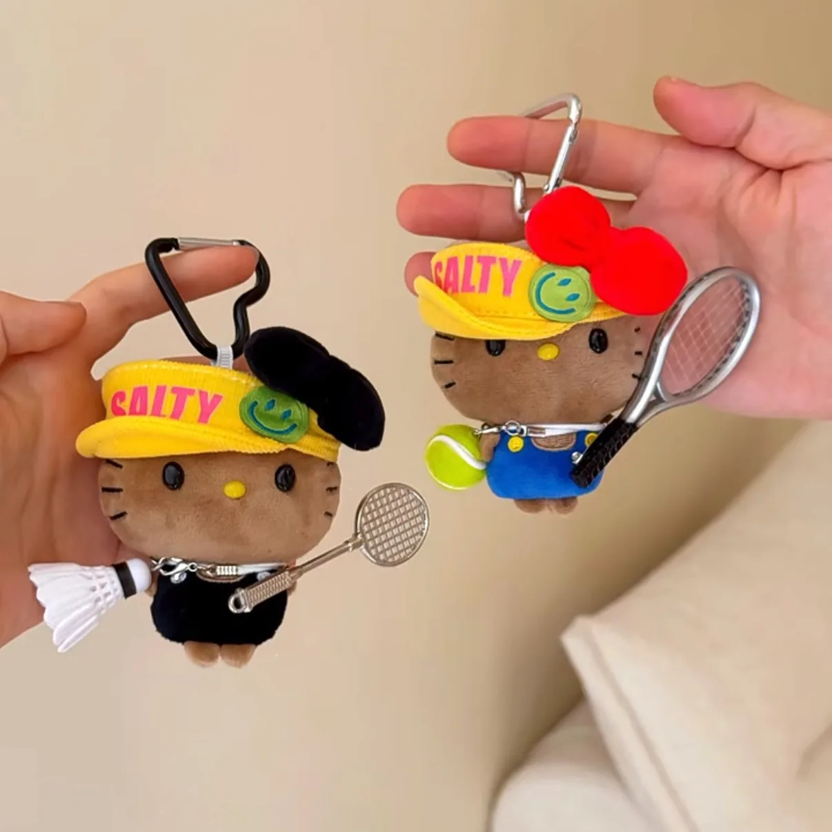 Sporty Black Skin Plush Keychain, Mini Doodle Eyes Tennis Badminton Themed Bag Charm