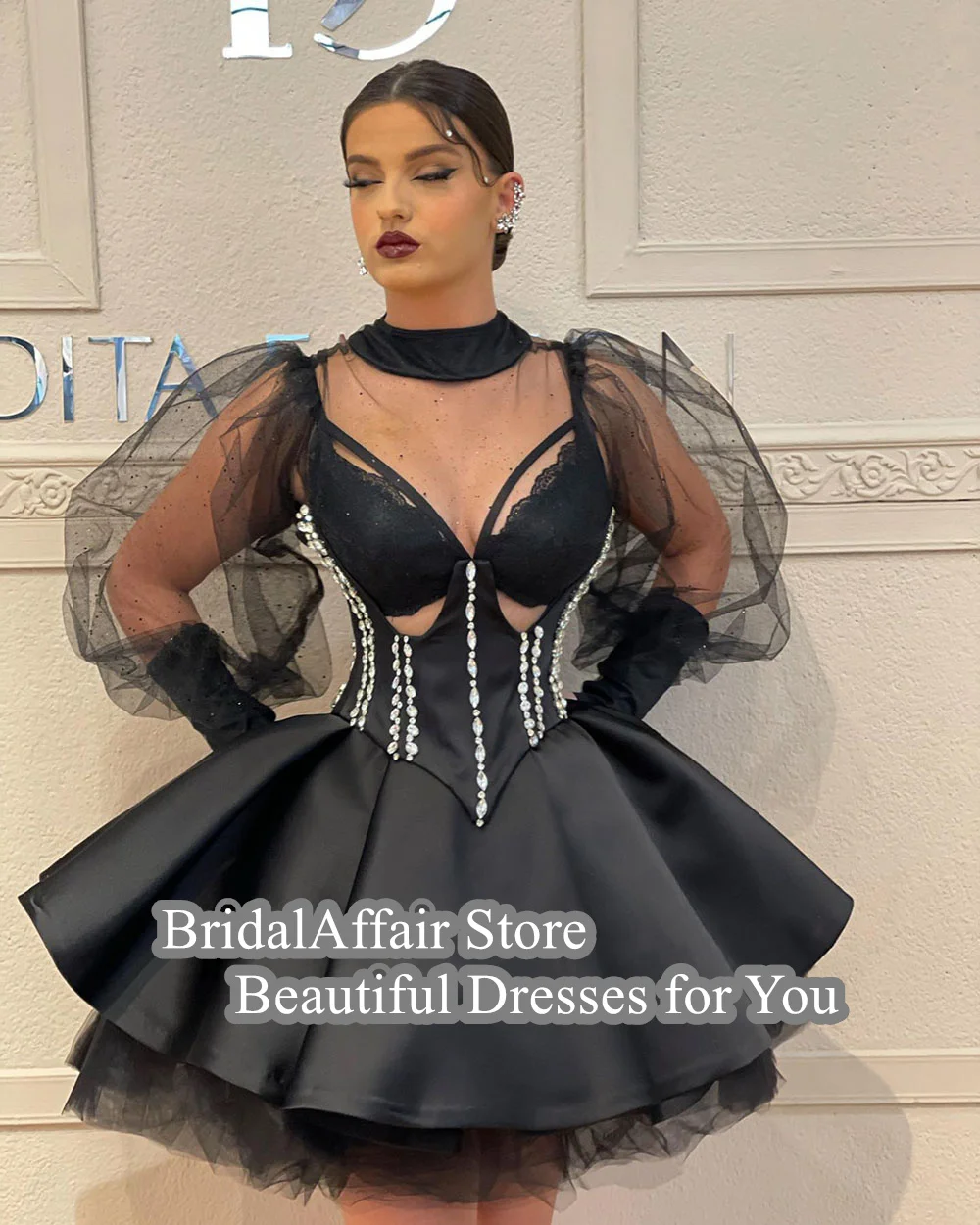 BridalAffair A Line Cocktail Dresses Tulle Long Sleeves Stain Ball Gowns Celebrate Evening Party Dresses Club Night Wear Outfit