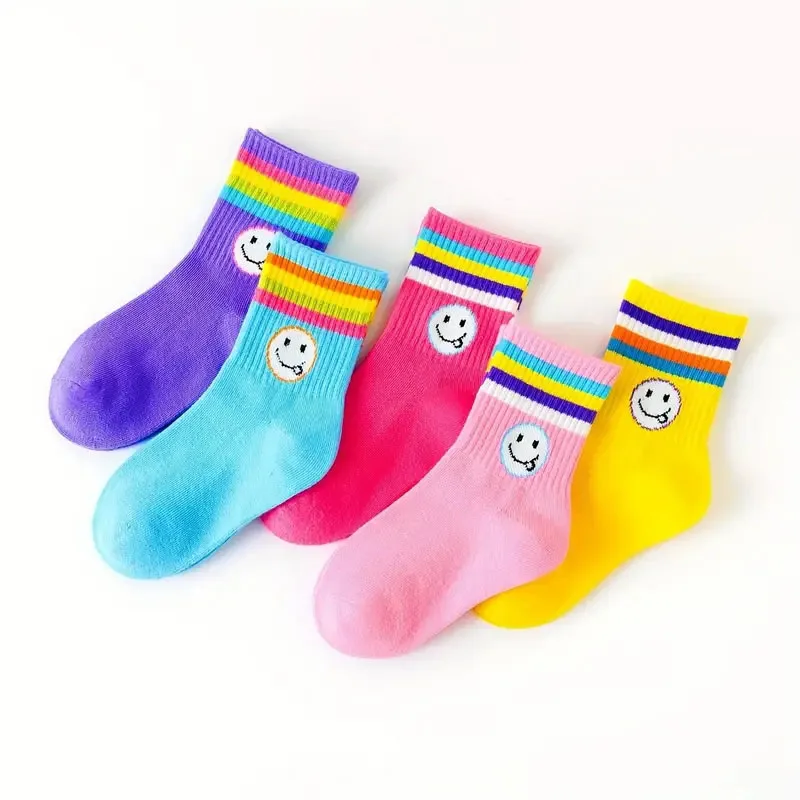 5 Paar Mädchensocken mit niedlichem Cartoon-Emoticons-Gesichtsmuster, bequeme, atmungsaktive Söckchen für Kinder – Detail 3