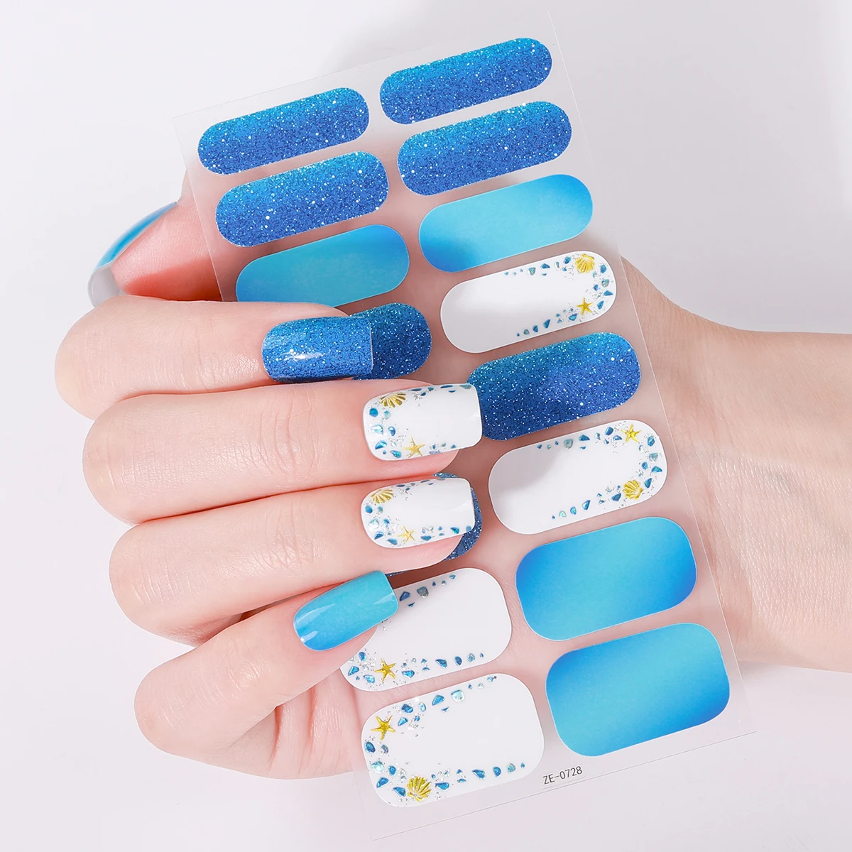 16Tips Summer Ocean Full Cover Nail Stickers Shiny Shell Mermaid Nail Polish Sticker Self Adhesive Manicure Decoration Decal