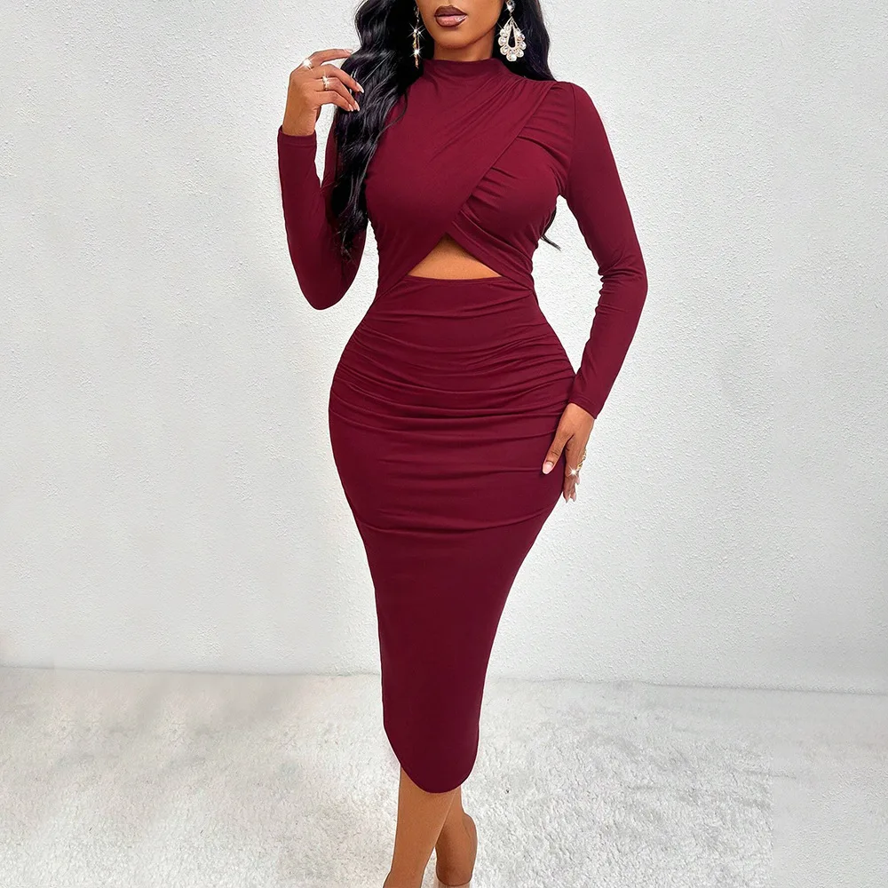 

Women Elegant Claret Ruched French Midi Dress Round Neck Cross Hollow-out Spring Cocktail Party Dress For Female Office Dresses