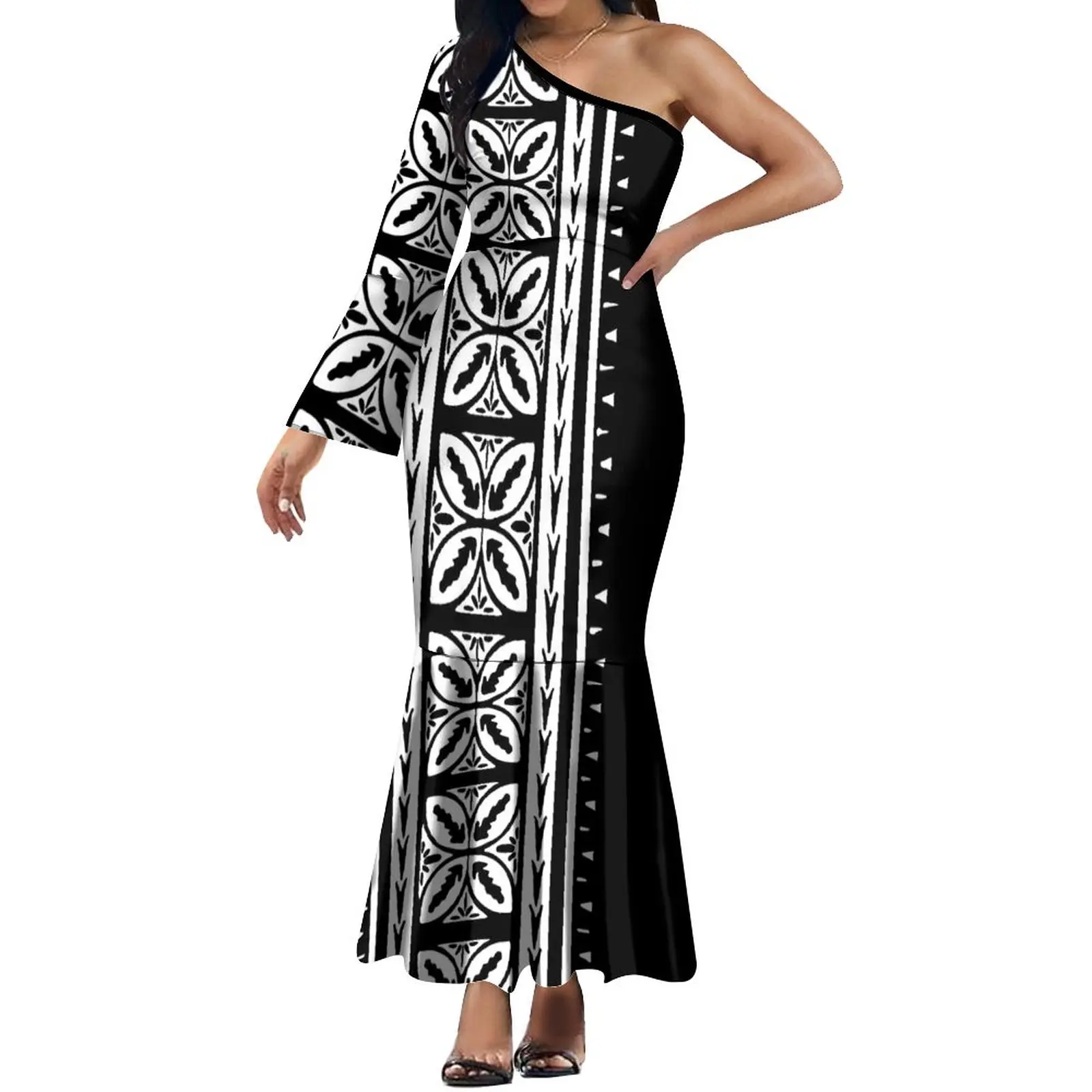 Summer Women's Custom Long-Sleeved One-Shoulder Dress Polynesian Vintage Tribal Style Big Man Dress Evening Party