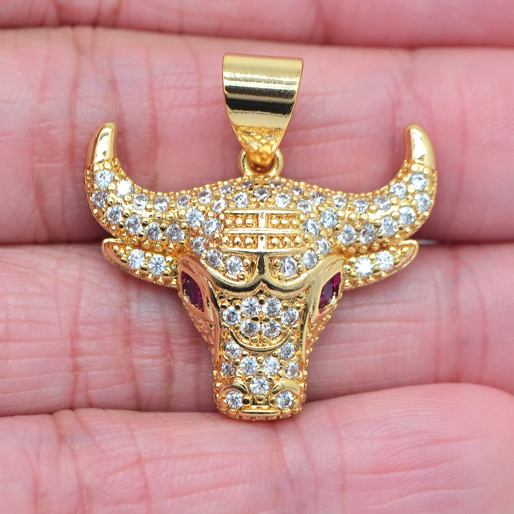 High Quality Gold Color Clear Cubic Zirconia Hip Hop Bull Head Pendant Jewelry