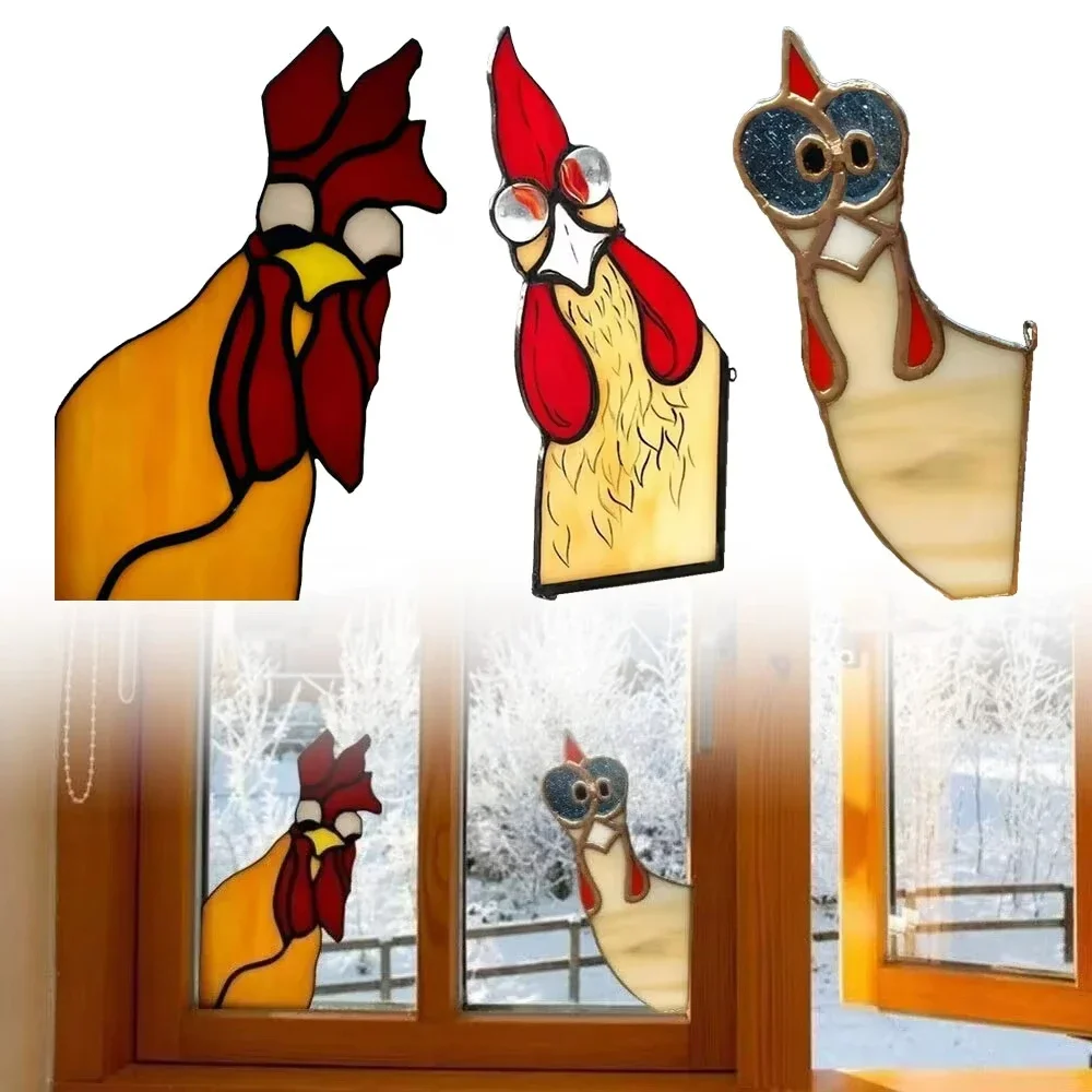 Peeping Rooster Stained Glass Window Hanging Chicken Gifts Kitchen Decor Funny Window Corner Hanging Rooster Decor Cockscomb