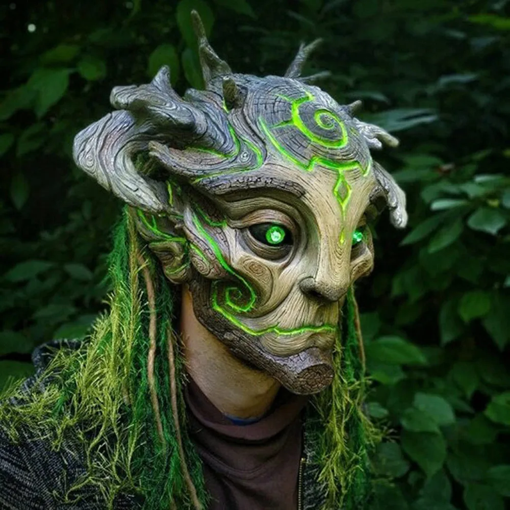 Geisterelfen-Waldmaske mit Kopfschmuck, Realistische Latex-Maskerade-Maske für Halloween-Cosplay-Kostüme und Party-Requisiten, Die Augen Leuchten Auf – Detail 5