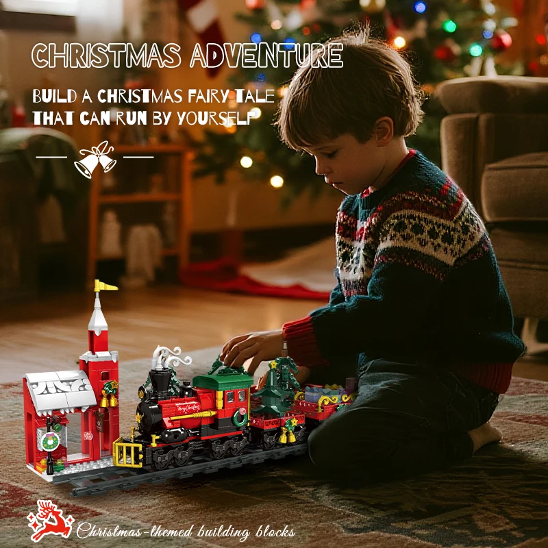 WOMA Christmas Train Building Blocks with DIY Track Santa Claus Tree House Bricks Toys for Kids Xmas Gifts
