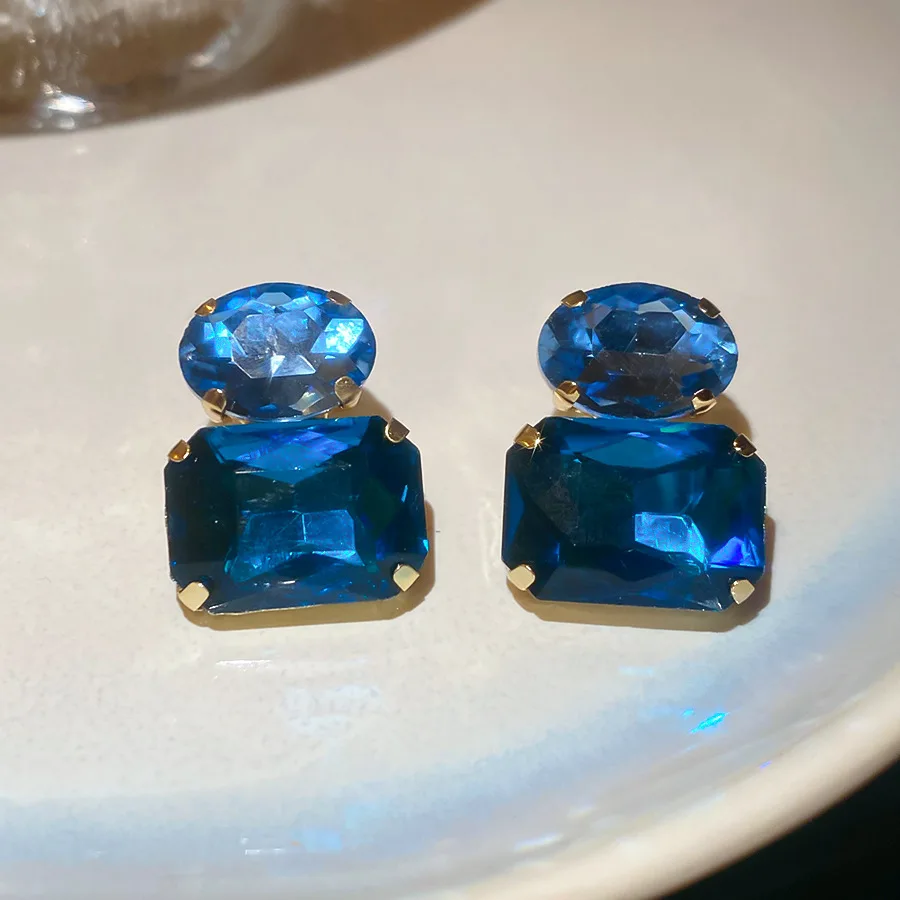 Neue Vintage Blaue Kaffee Quadratische Ovale Strass-Ohrstecker für Damen, Glänzende Kubische Geometrische Ohrstecker für Alltag und Festlichkeiten, Bijoux – Detail 13