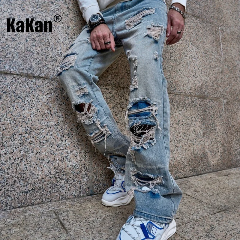 Kakan - European and American New Distressed Vintage Jeans for Men, High Street Trend Loose Fitting Denim Pants K9-160