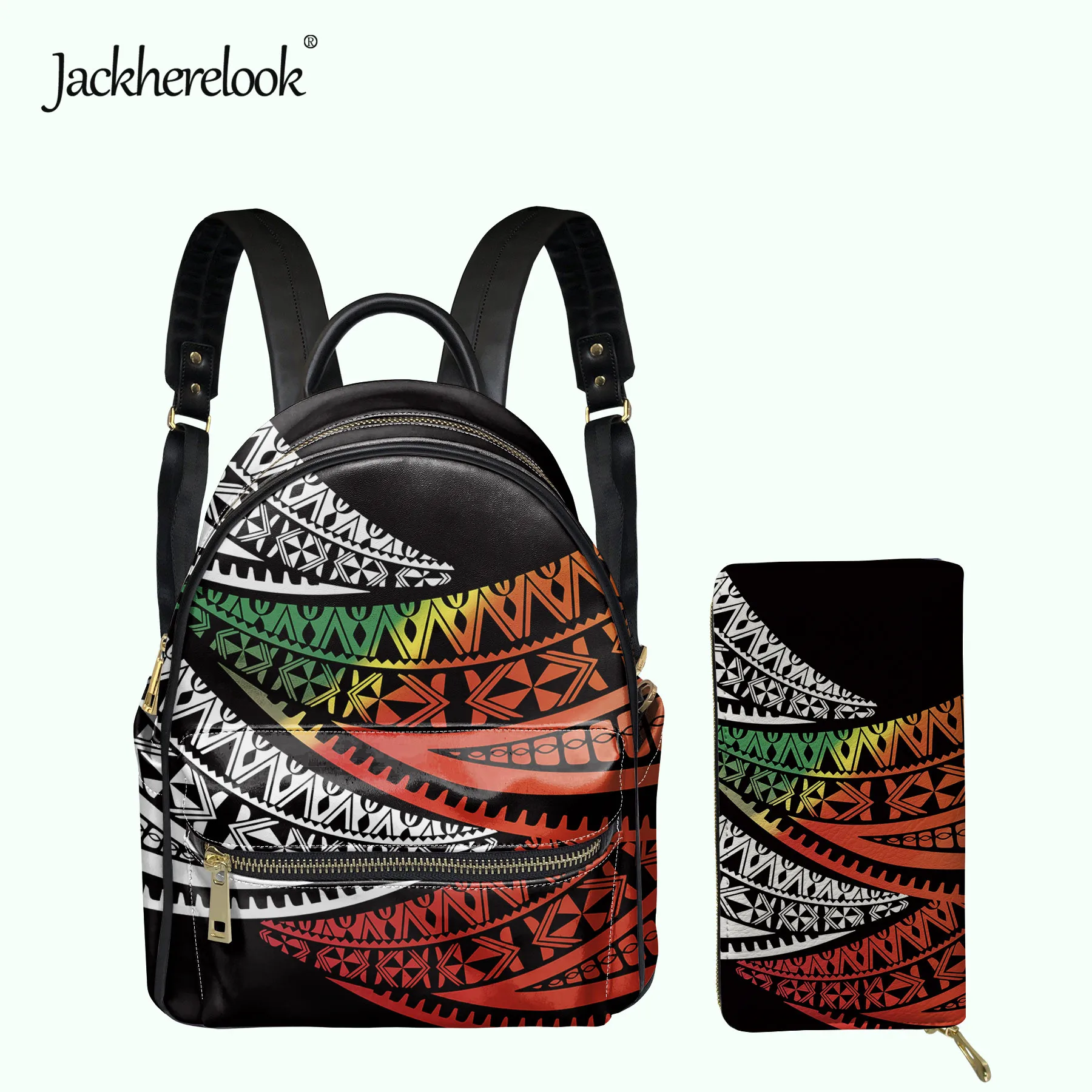 Jackherelook Pohnpei Samoa Polynesian Design Female Small PU Backpack Wallet 2pcs/Set Womens Satchel Girls Mini Campus Schoolbag