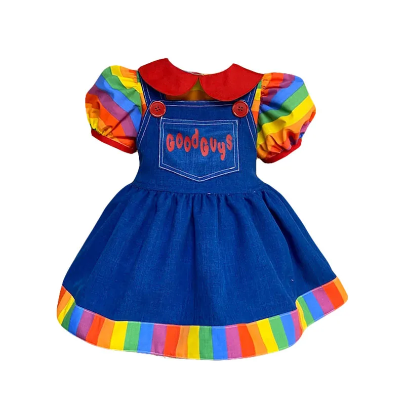 Little Girl Doll Costume Outfit Rainbow Doll Collar Puff Sleeve Tops Suspender Skirt with Front Pocket for Halloween