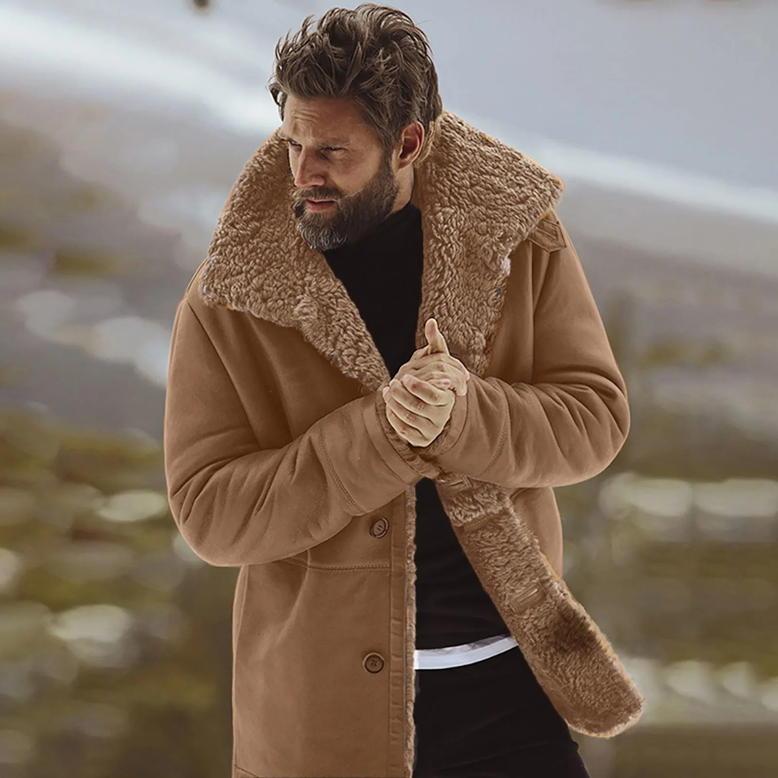 Men's Winter Sheepskin Jacket Warm Wool Lined Home Outdoor Loose Jacket Mountain Coat Sweatshirt Outwear