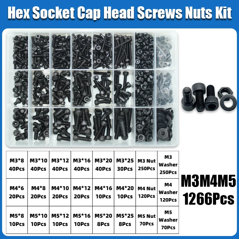 M2 M2,5 M3 M4 M5 M6 Innensechskant-Set Inbusschraube DIN912 Schwarz 12,9 Kohlenstoffstahl Schrauben Muttern Bolzen Unterlegscheibe Sortiment – Detail 9