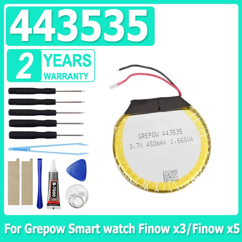 New 443535 3.7V 450mAh Rechargeable li Polymer Round battery For Smart watch Finow x3 Finow x5 replace lem5 lem 5+Tools