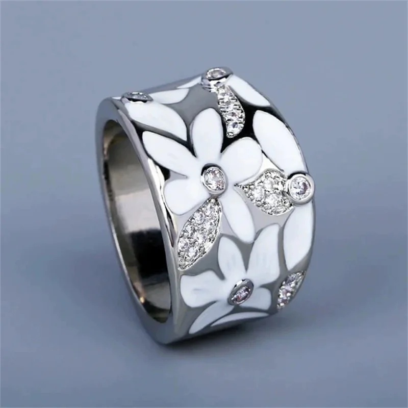 

Элегантное женское кольцо с микро-ПВАЭ, белыми фианитами и эмалью в виде цветка, серебристого цвета, с ручной резьбой, для повседневной носки, вечеринок, ювелирное украшение, подарок на годовщину